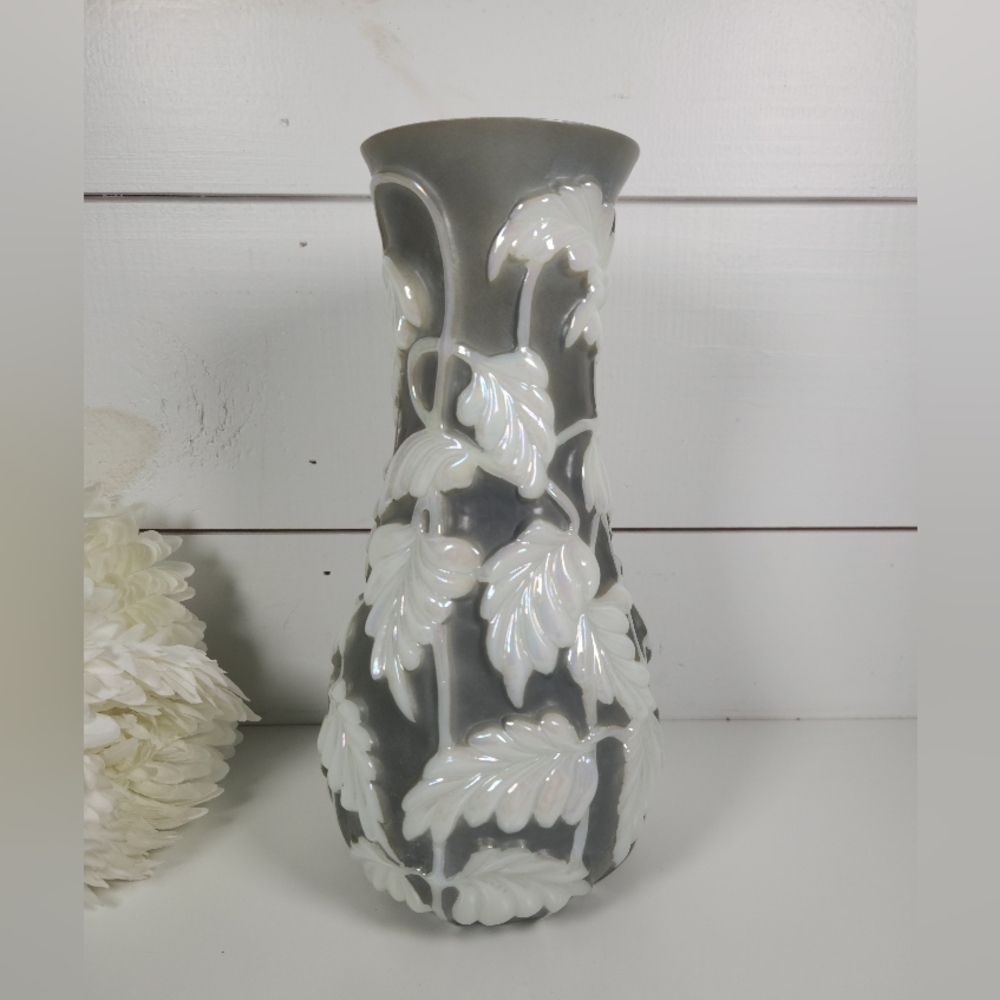 Vintage Phoenix Sculptured Vase Raised Foliage Design| Opalescent Gray-Green Art